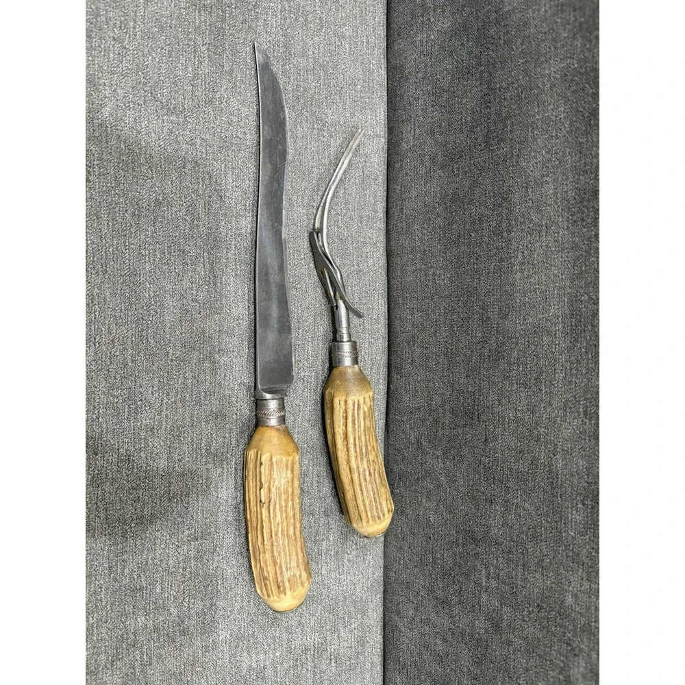 Vintage Everbrite‎ Knife Company England Antlered Handled Meat Carving Set